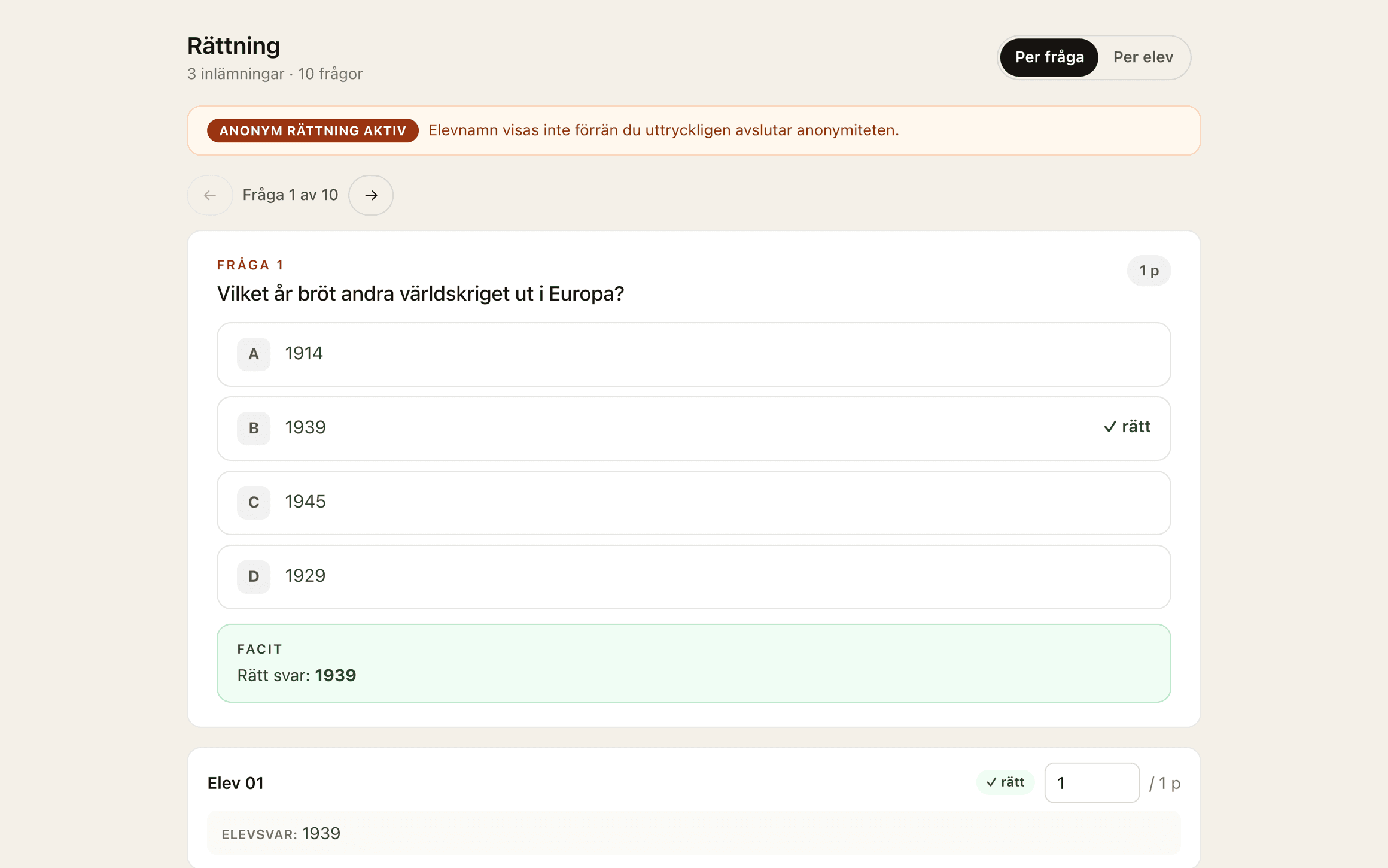 Rättningsvyn i Prov med anonym rättning aktiv, facit och poäng per fråga.